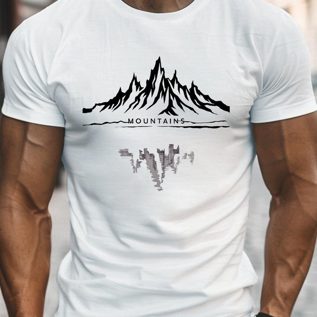 2025 Męska Letnia 100% Bawełna Modna Casualowa Sportowa Luźna Modna Koszulka z Nadrukiem Wzoru Górskiego z Okrągłym Dekoltem i Krótkim Rękawem