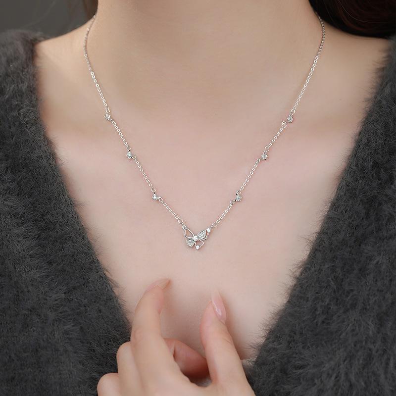 S999 Pure Silver Small Fresh Hollow Butterfly Necklace Sweet Literary Hundred Pagoda Temperament Sweet Collarbone Chain