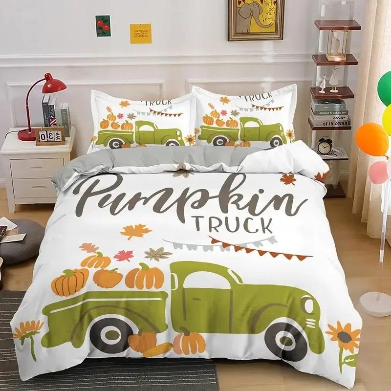 Autumn Pumpkin Truck Bedding Set Boys Girls Twin Queen Size Happy Fall Thanksgiving Duvet Cover Pillowcase Bed Boys Adult