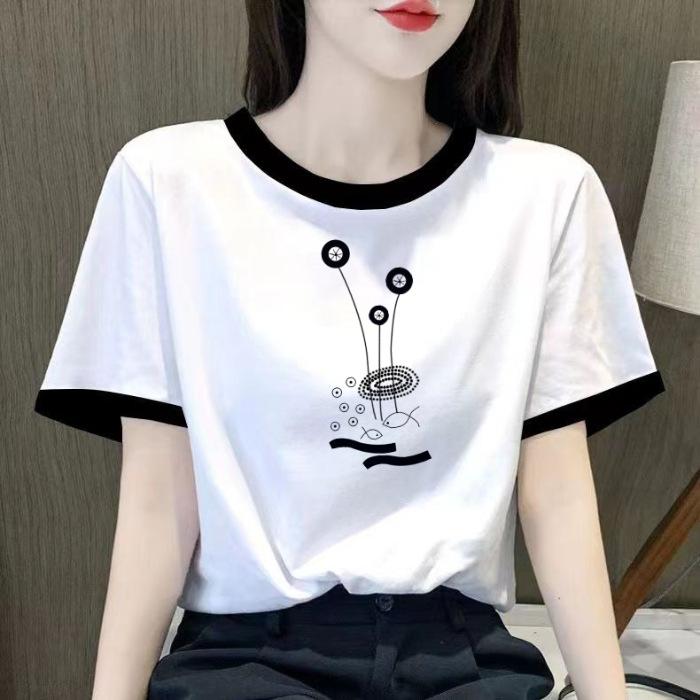 

100% cotton round neck t-shirt women s short-sleeved summer new black and white spliced top M белый