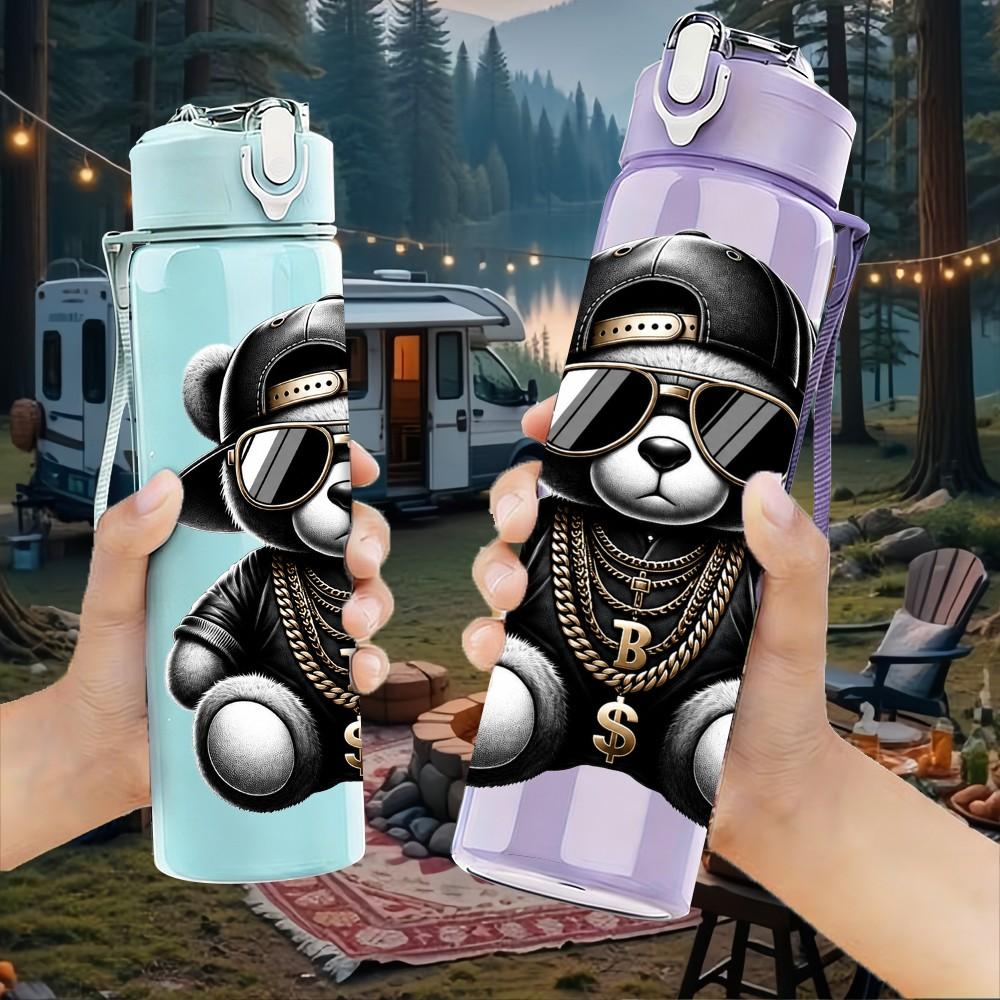 1PC Cool Gangster Teddy Bear Character Print 750ml Color Plastic Sports Water Bottle Leakproof Flip Straw Lid Suitable for Sports Office Home Use