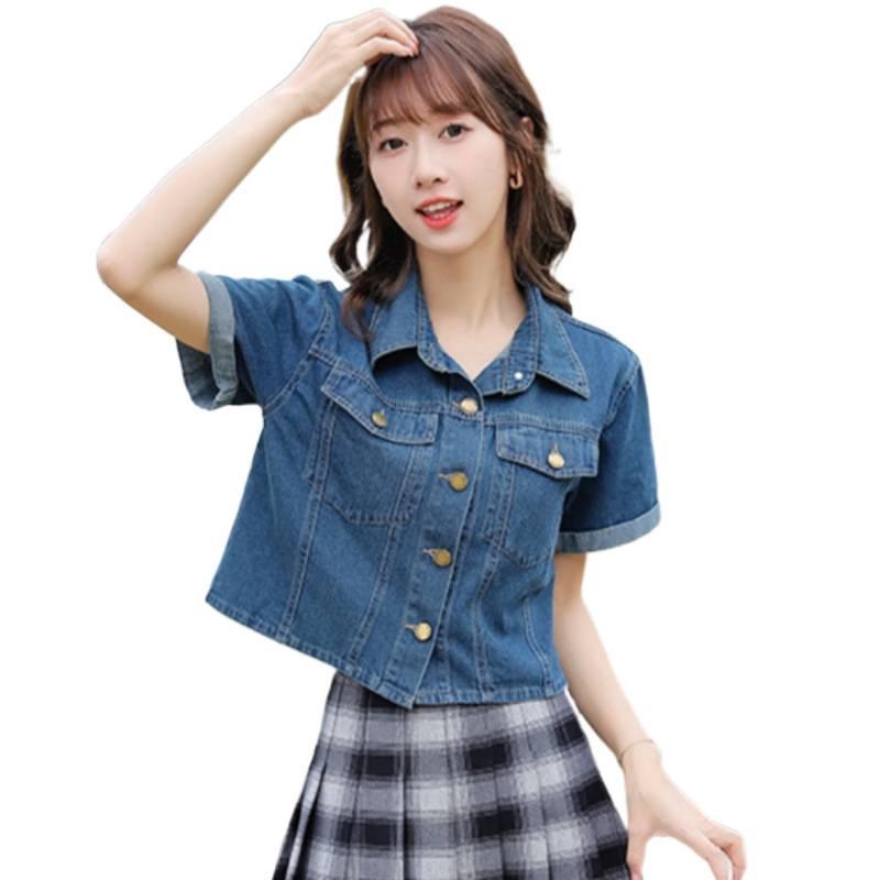 Retro Square Shoulder Slim Denim Short-Sleeve Top - Classic, Skin-Friendly, and Versatile for Casual Layering