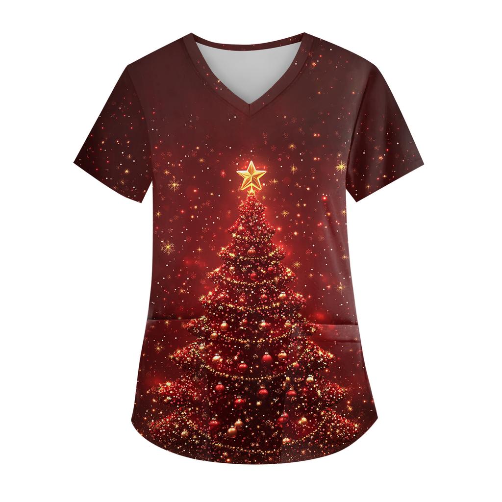 Women's V-neck Christmas Print Short-sleeved Pocket Side Slit Uniform Top