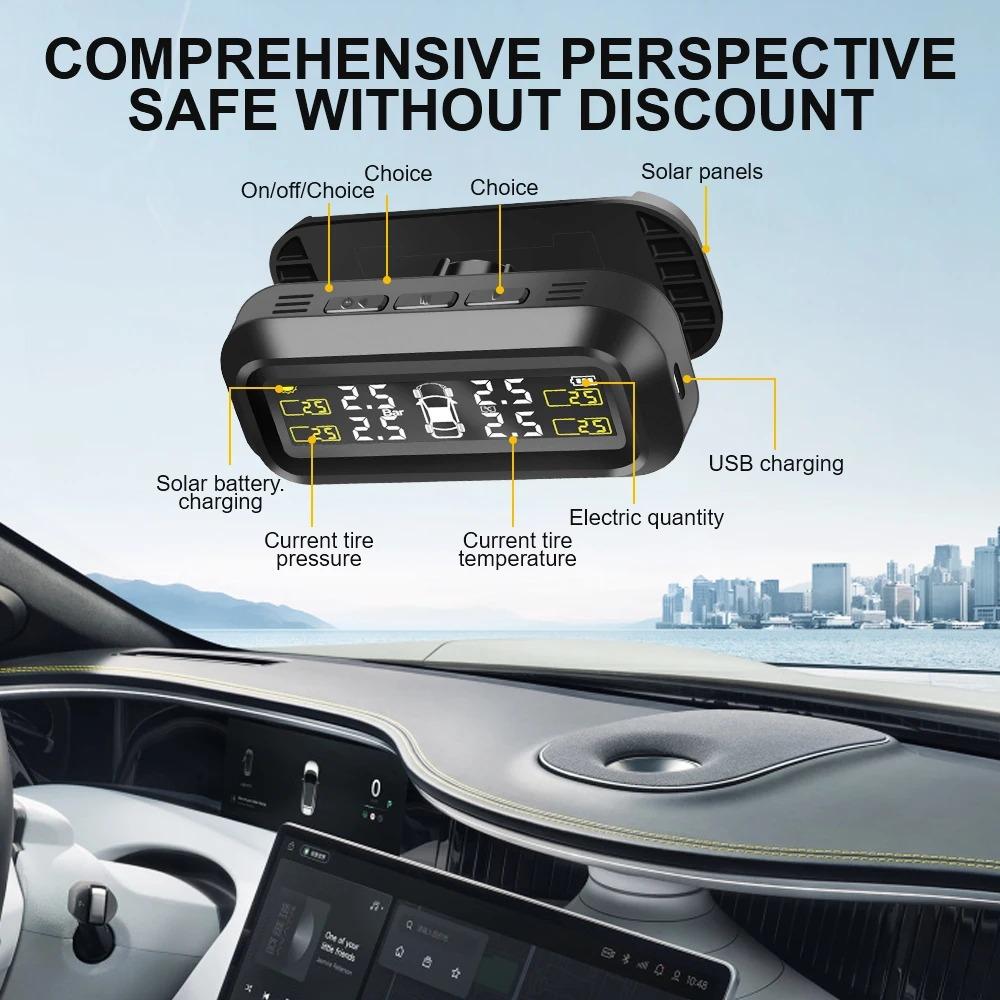 Car Tyre Pressure Monitor Solar Tire Pressure Monitoring System Temperature Warning With 4 External Sensors Car Fuel Save Tools