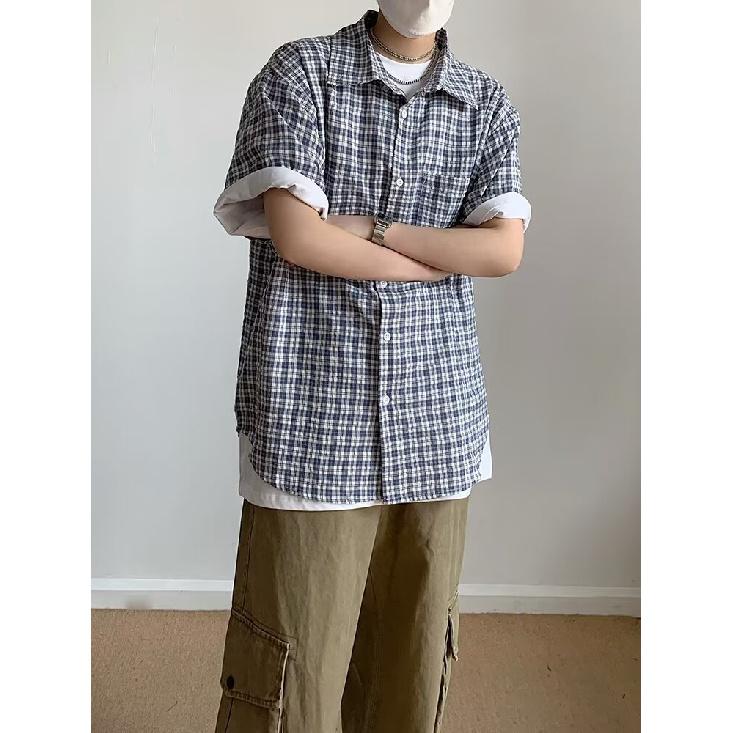Letní Nová Kostkovaná Košile Pánský Styl Retro Americká Košile s Krátkým Rukávem Japonská Košilová Bunda