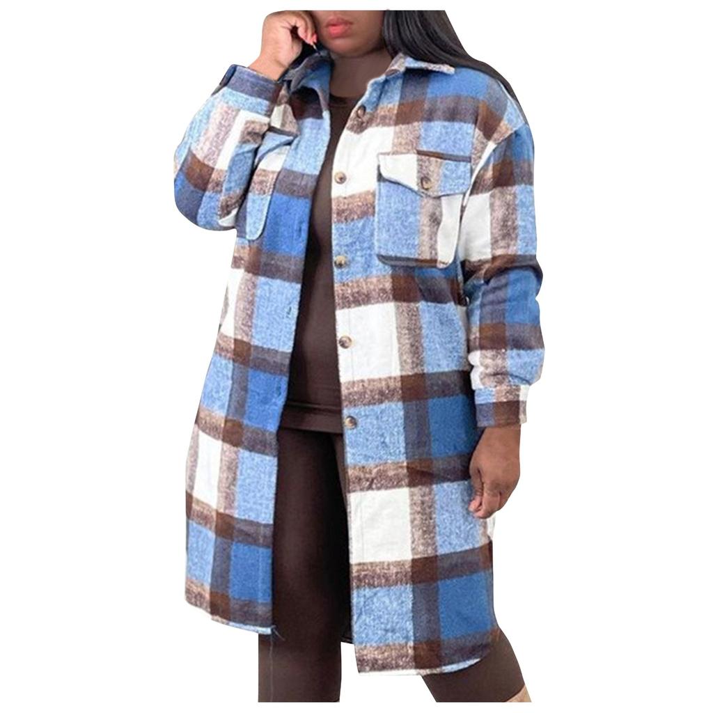Modna damska koszula w kratę z klapami w kratkę Tweedowy płaszcz z długim rękawem