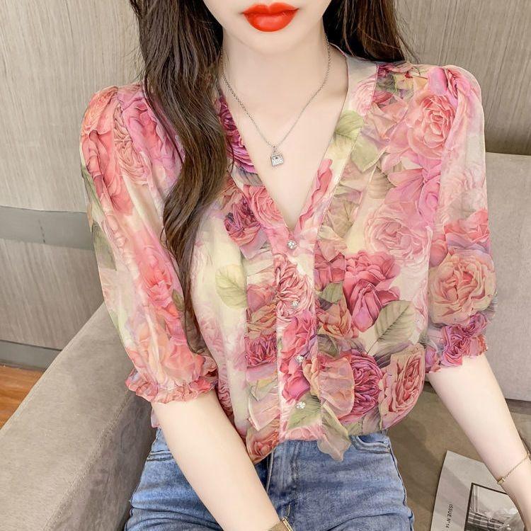 V-neck Floral Shirt for Women's Summer Stylish Ruffle Edges and Short Sleeves Pink Chiffon Top