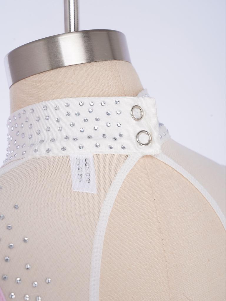 Professionell Konståkningsklänning för Flickor: Hög hals med 3D-blommor, genomskinligt nät & gradient strass