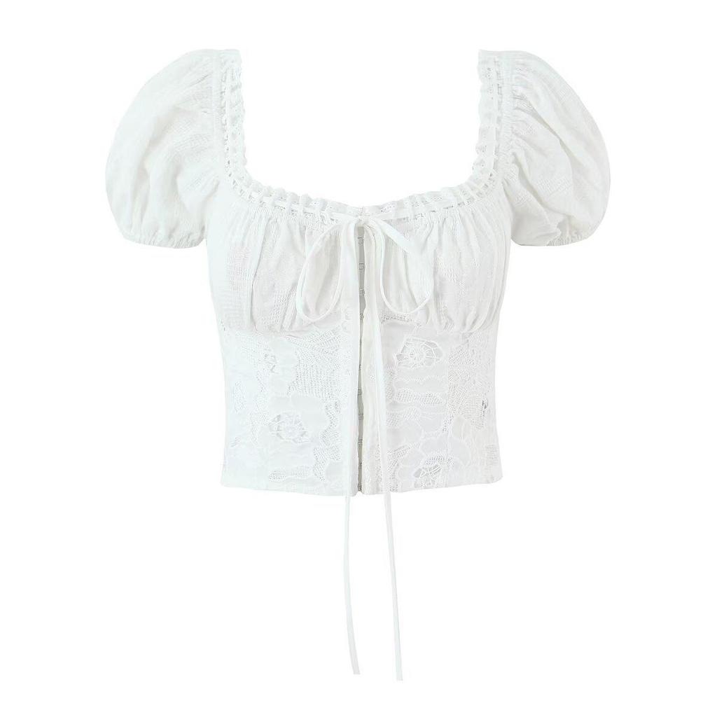 Europäischer Stil Damen Weiß Kurzarm Schnürung Baumwolle Oberteil - Frühjahr 2026 Kollektion
