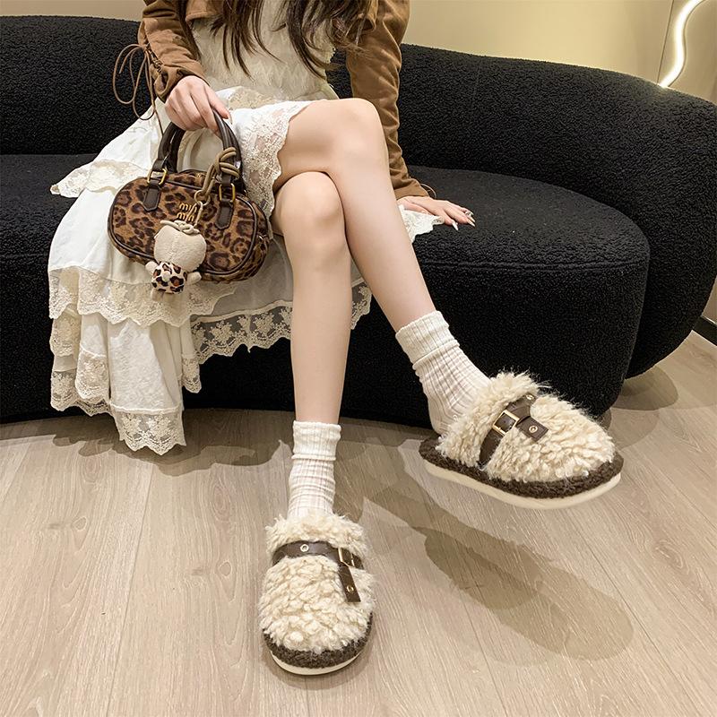 Damesko Baotou plysjtøfler polstret varme vinter tykk såle forhøyet hjemmetøfler fritidssko innendørssko snø bomullstøfler
