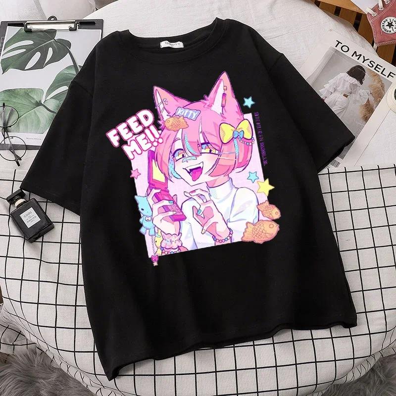 Women Oversized T-shirt Kawaii Goth Harajuku Music Girl Print Black Crop Short Sleeve Top Female T-shirts Y2k Mujer Grunge Kpop