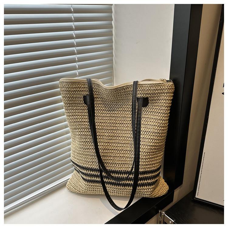 Summer Woven Tote Bag With Zipper Closure For Casual Daily Use