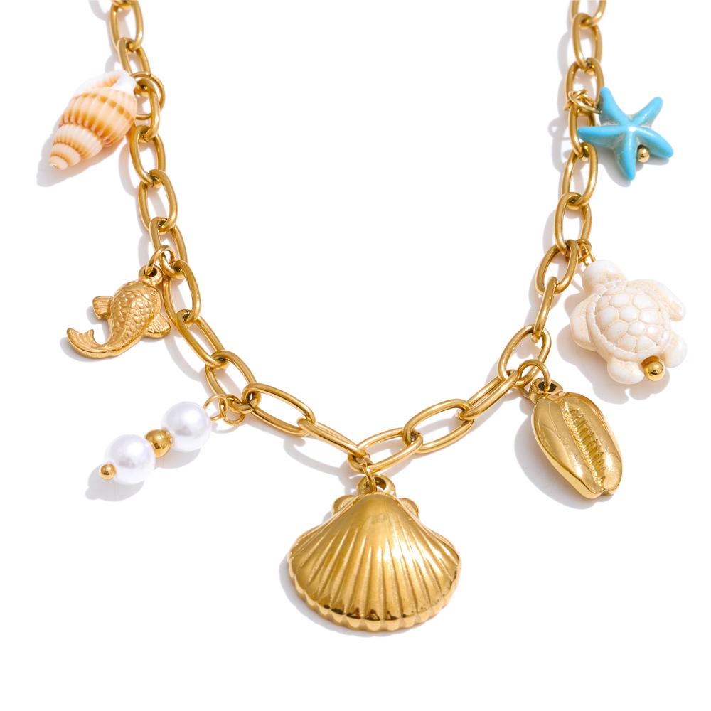 Yhpup Ocean Style Starfish Shell Pendant Handmade Necklace Bracelet Summer Vacation Stainless Steel Jewelry Waterproof