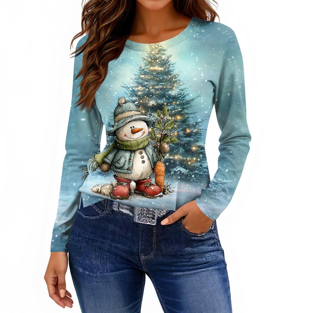 Women's Fashion Casual Slit Hem Round Neck Long Sleeve Loose Printed T-Shirt Ladies Top