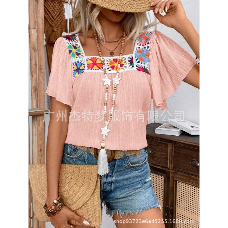 

Женская летняя блузка с квадратным воротником и короткими рукавами из кружева крючком в новом стиле XXL розовый