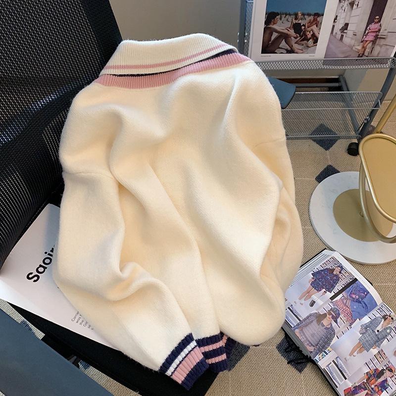 2023 Autumn/Winter Korean Style Loose Polo Collar Knit Sweater Jacket for Women