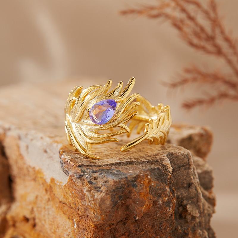 Natural Tanzanite Topaz Garnet Color Treasure Ring Women'S S925 Sterling Silver Feather Open Ring Earrings