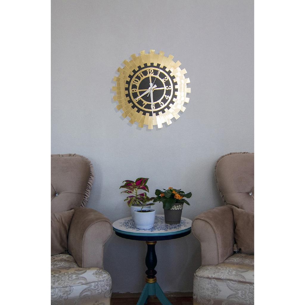 60 x 60 cm goldene dekorative Wanduhr, langlebig, 2-lagiges schwarzes MDF mit türkischen Zahlen darauf, verspiegeltes Plexiglas