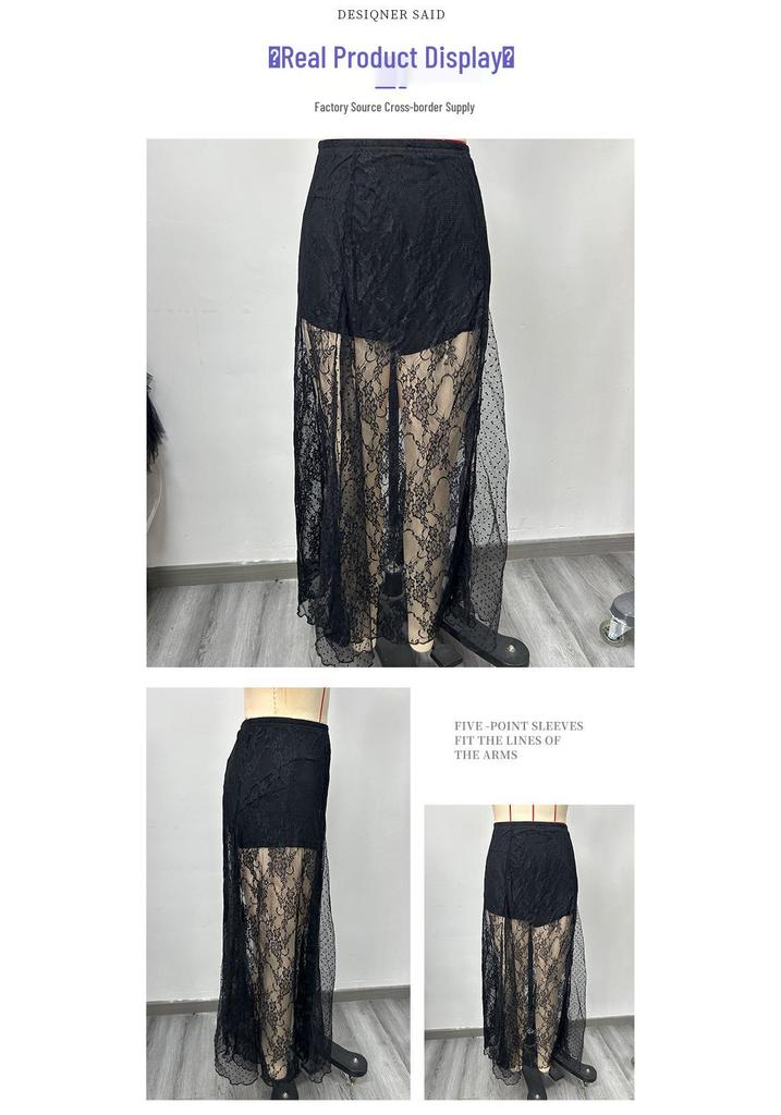 Großgröße Spitze Durchsichtig Patchwork Langer Rock - Sexy Europäisch Amerikanischer Stil Netzsaum