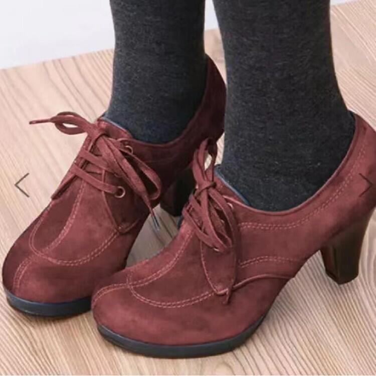 

Mary Jane single shoes suede round head thick sole thick heel high heel front lace-up casual shallow mouth shoes high heels 39 армия зеленый