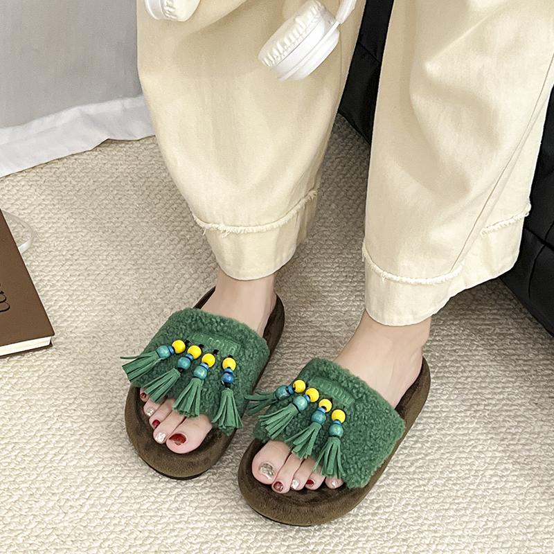 Fashion Fashion Slippers Home Non-Slip Flip Flops Outside Wear Cute Casual Tassel Fluffy Drag