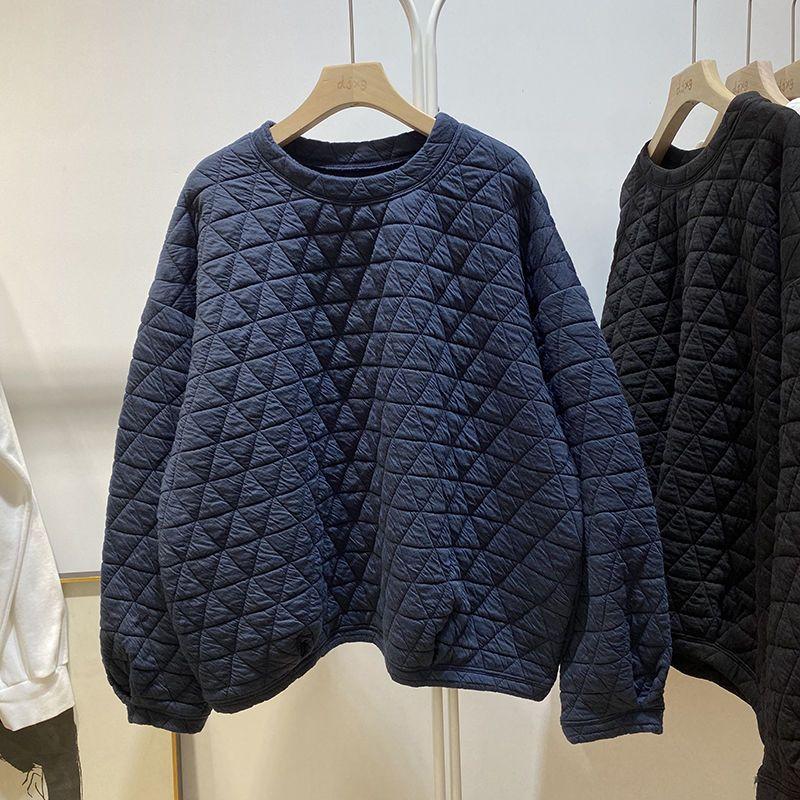 Lazy Style Individual Triangular Diamond Plaid Cotton Round Neck Long Sleeve Loose Sweatshirt Women Pullover Jacket