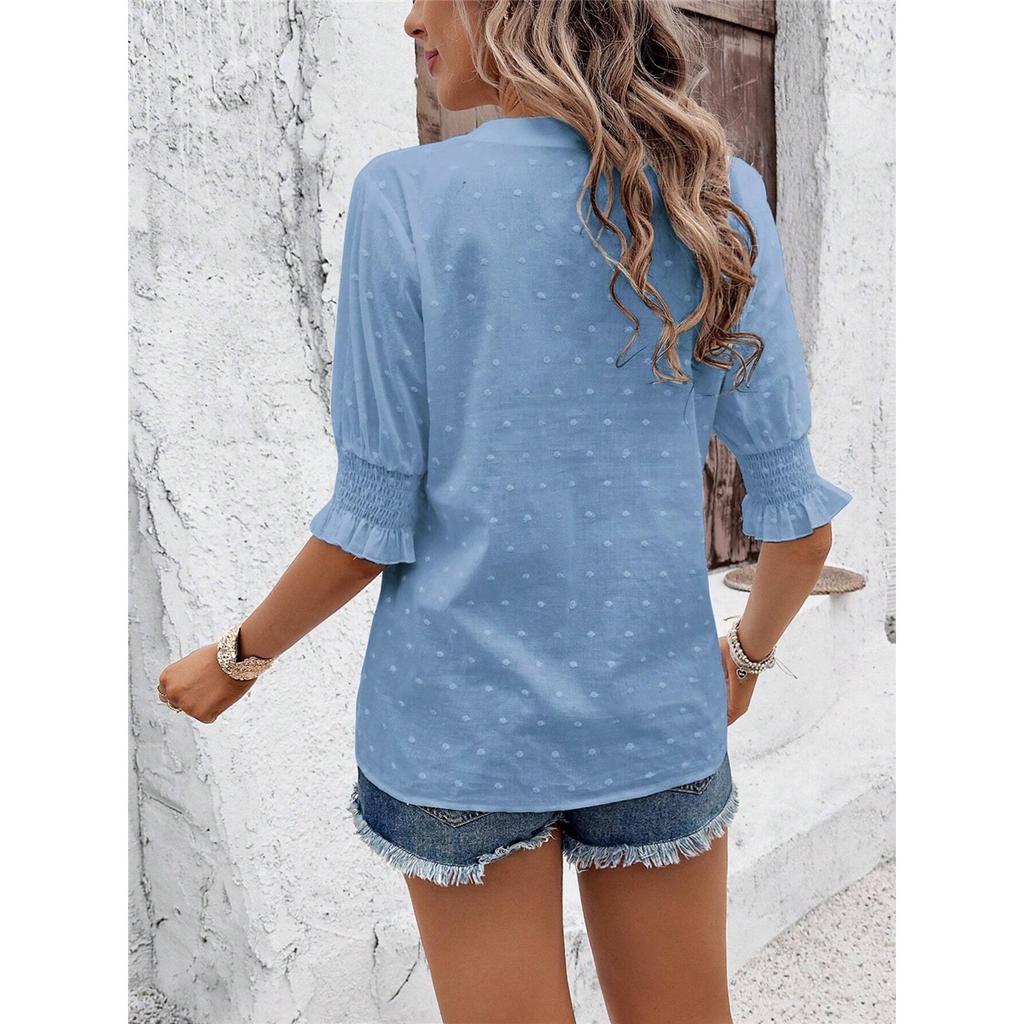 Women's Summer T-shirt Solid Color V-neck Puff Sleeve Hollow T-shirt