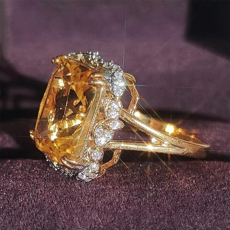 Huajie Light Yellow Square Sparking Cubic Zirconia Shining Rings for Women Party Hyperbole Ring Trend