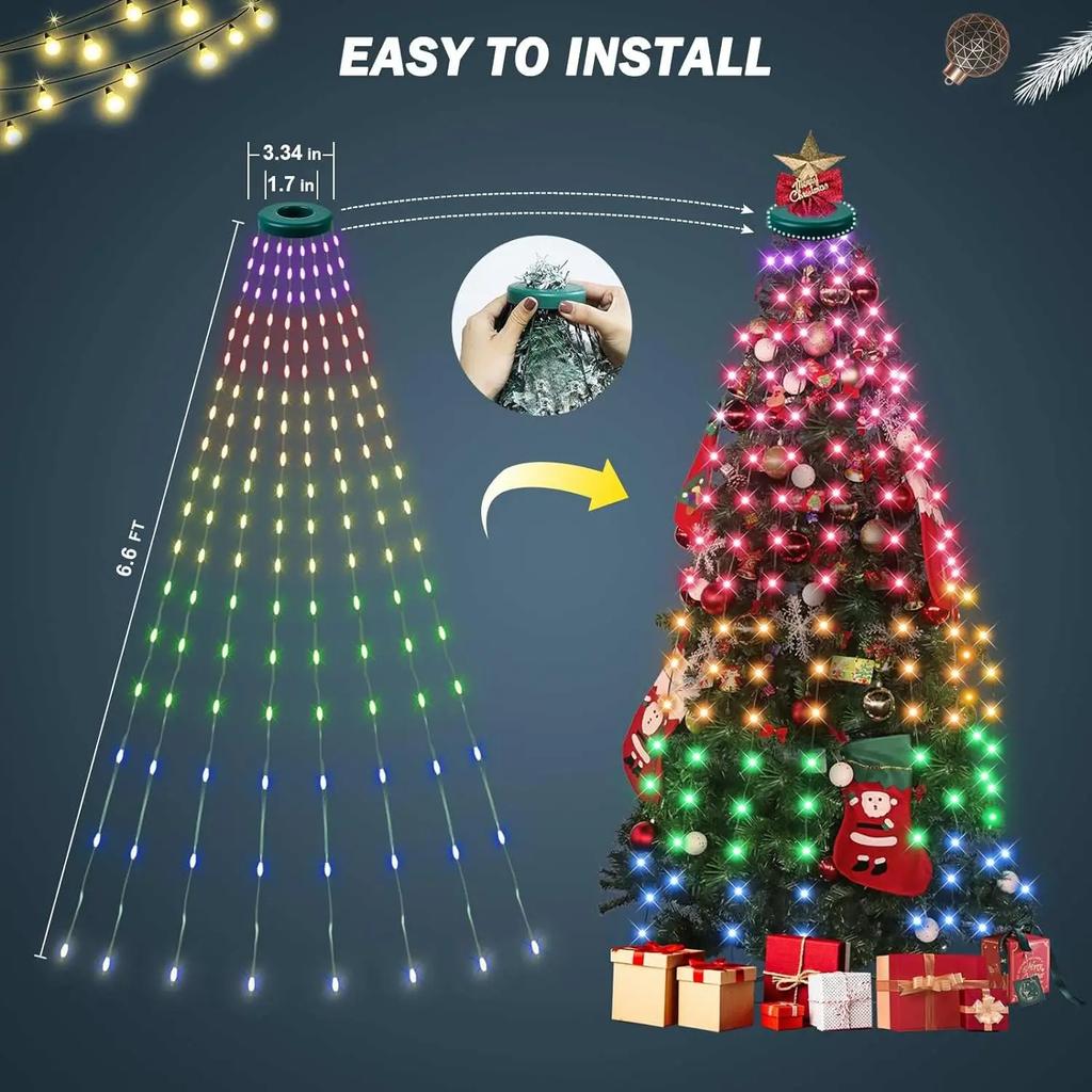 2.1M Weihnachtsbaum LED Lichterkette App-Steuerung Girlande LED Stern Lichterkette Wasserfall DIY Weihnachtsbaum Lichter Festival Dekoration