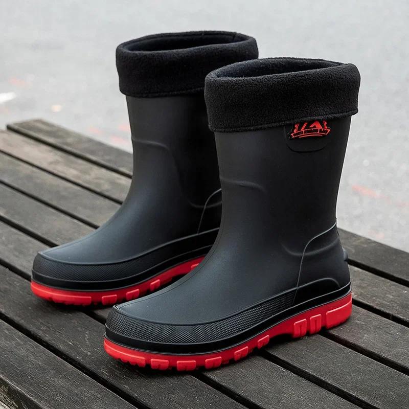 Men's Rain Shoes Waterproof Non Slip Work Rain Boots River Wear Resistant Fishing Shoes New Men Casual Warm Mid-calf Boots