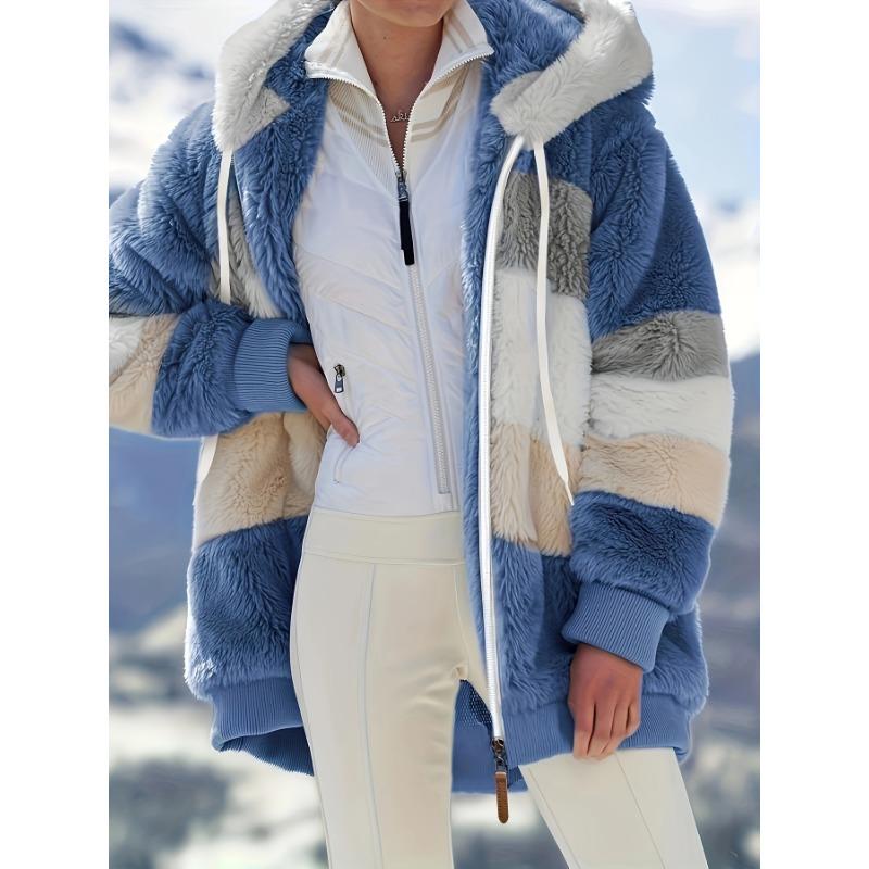 

Куртка с капюшоном из искусственного меха Color Block, повседневная теплая верхняя одежда с застежкой-молнией и длинным рукавом для осени и зимы, женская одежда S синий