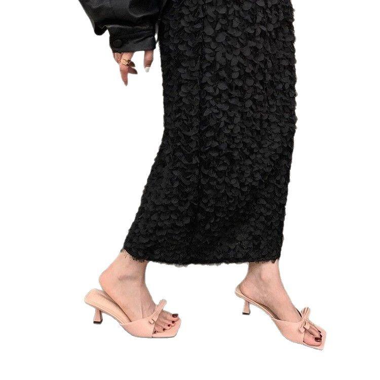 Niche Bow High-heeled Slippers French Small Sandals Muller Half Slippers New High-heeled Sandals Women's Summer Wear