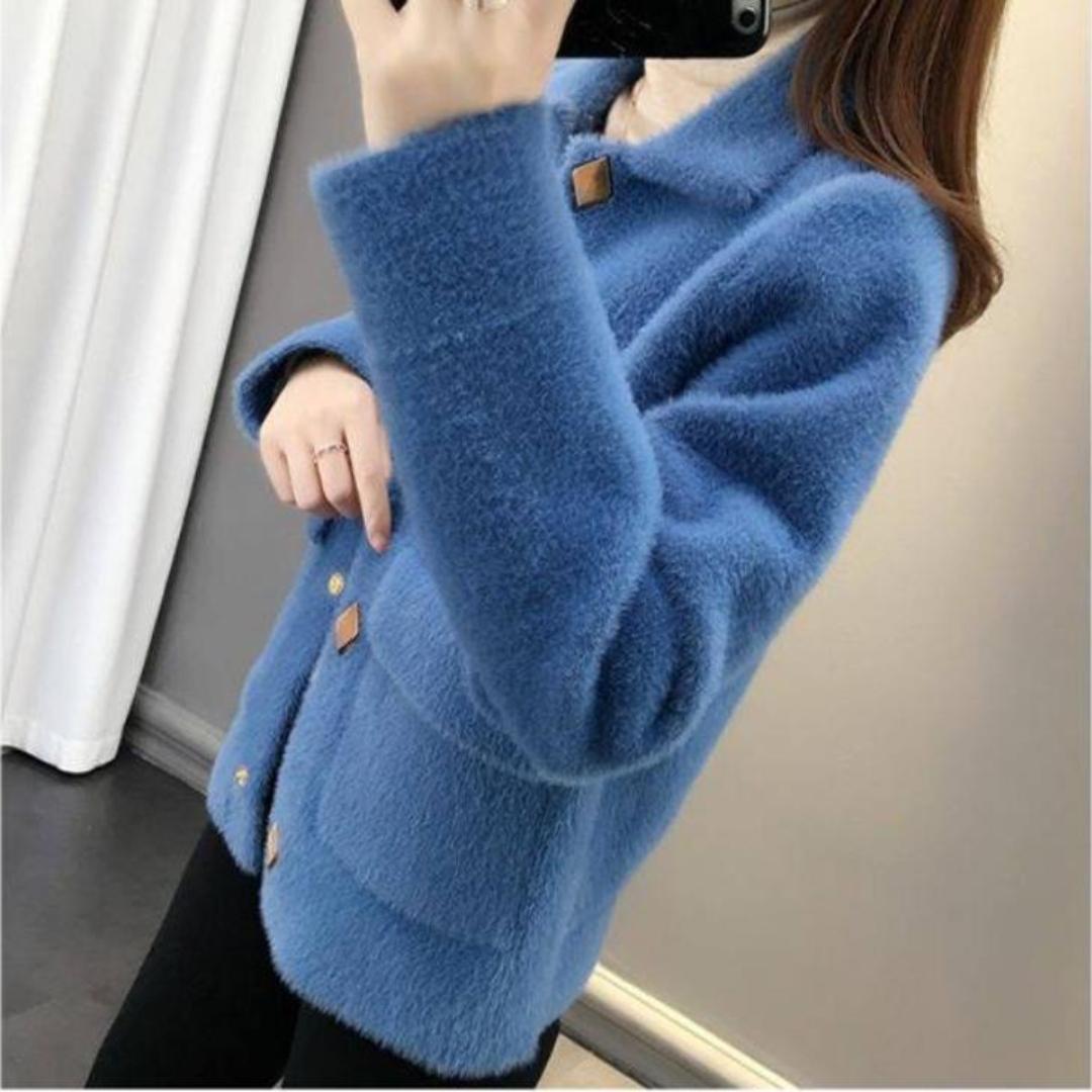 

Модное толстое пальто высокого качества на весну-осень и зиму на пуговицах, свободный свитер, женский вязаный кардиган L синий