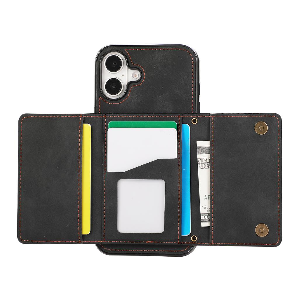 For iPhone 16 Phone Case Tri-Fold Wallet Kickstand PU Leather+TPU Back Cover