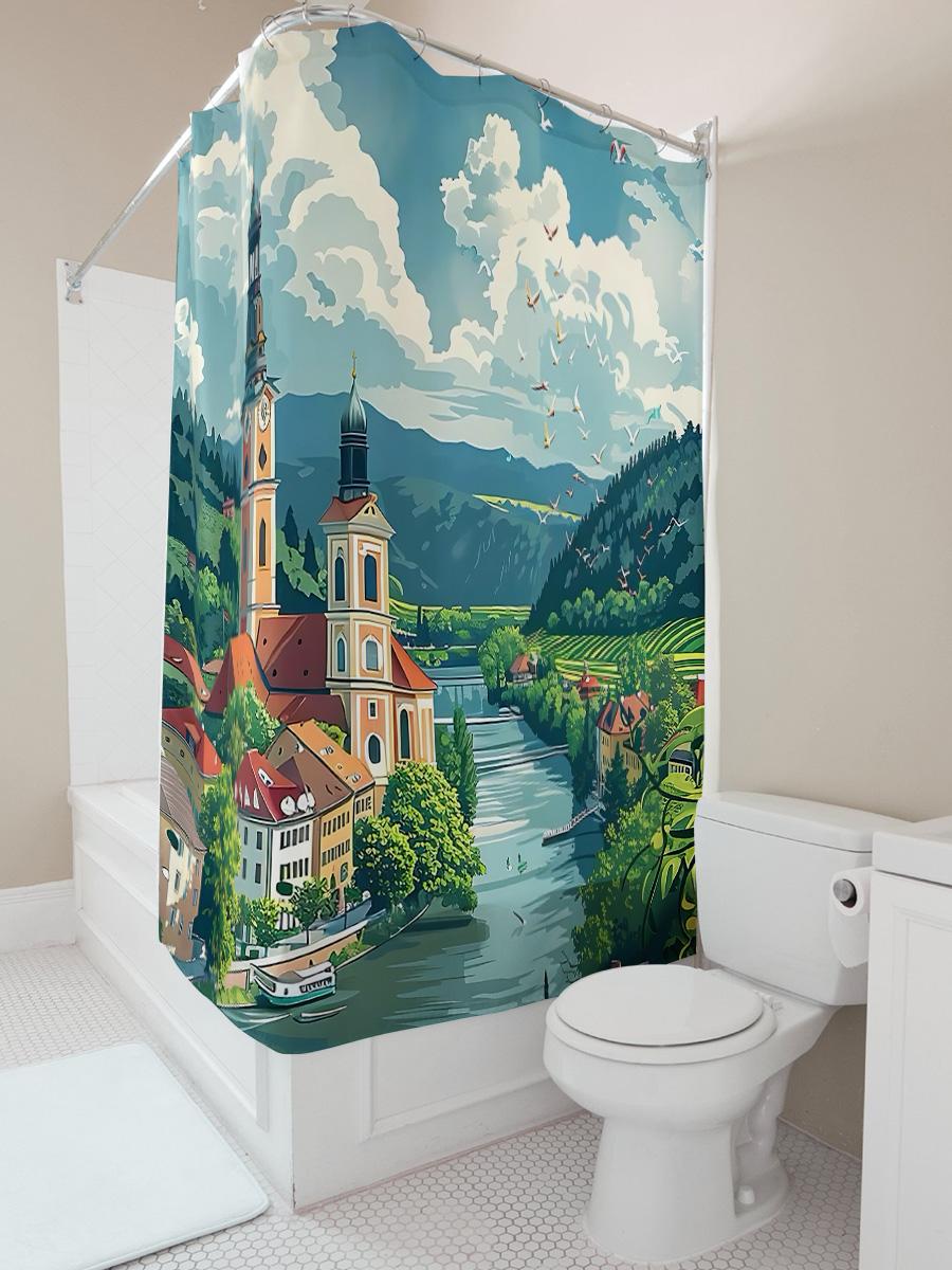 

Waterproof Shower Curtain European Countryside Design With Church Towers Rivers Birds Vintage Style Decor Complimentary Hook W60H190(CM)-1 Pcs
