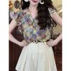 Retro Hong Kong Floral V-Neck Puff Sleeve Short-Sleeve Women's Shirt