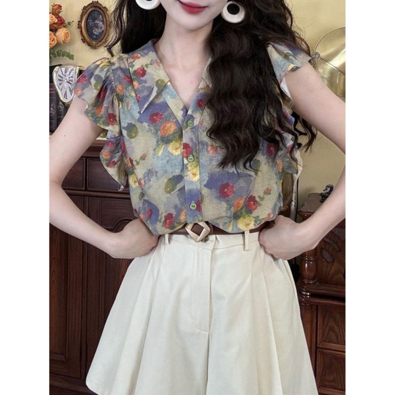 Retro Hong Kong Floral V-Neck Puff Sleeve Short-Sleeve Women's Shirt