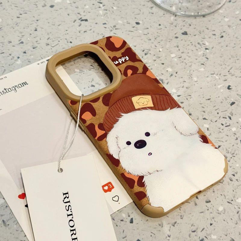 Brown Large Hole Leather Hat Little White Dog Apple 16promax Mobile Phone Case 14iphone15 Anti Fall and Anti Fingerprint