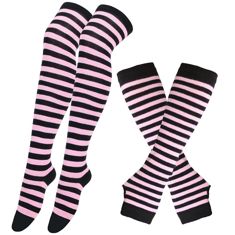 Y2K Women Girls Over Knee Long Stripe Printed Thigh High Cotton Socks Arm Sleeve Gloves 1 Set Overknee Socks Long Gloves 2024