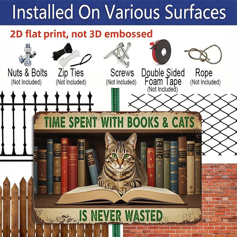 2D Flat 1pc ("8X12") "Time Spent with Books & Cats Is Never Wasted." Decor Gift Sign, Floral Sign, Aluminium Sign, Metal Sign Decor, Wall Decor, Home