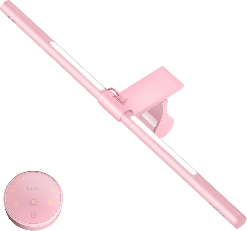 Quntis Monitor Light 40cm with Indirect Wireless Remote Asymmetrical Beam Monitor Mount Pink Backlight, Lighting, Control, Angle, Anti-Reflective,