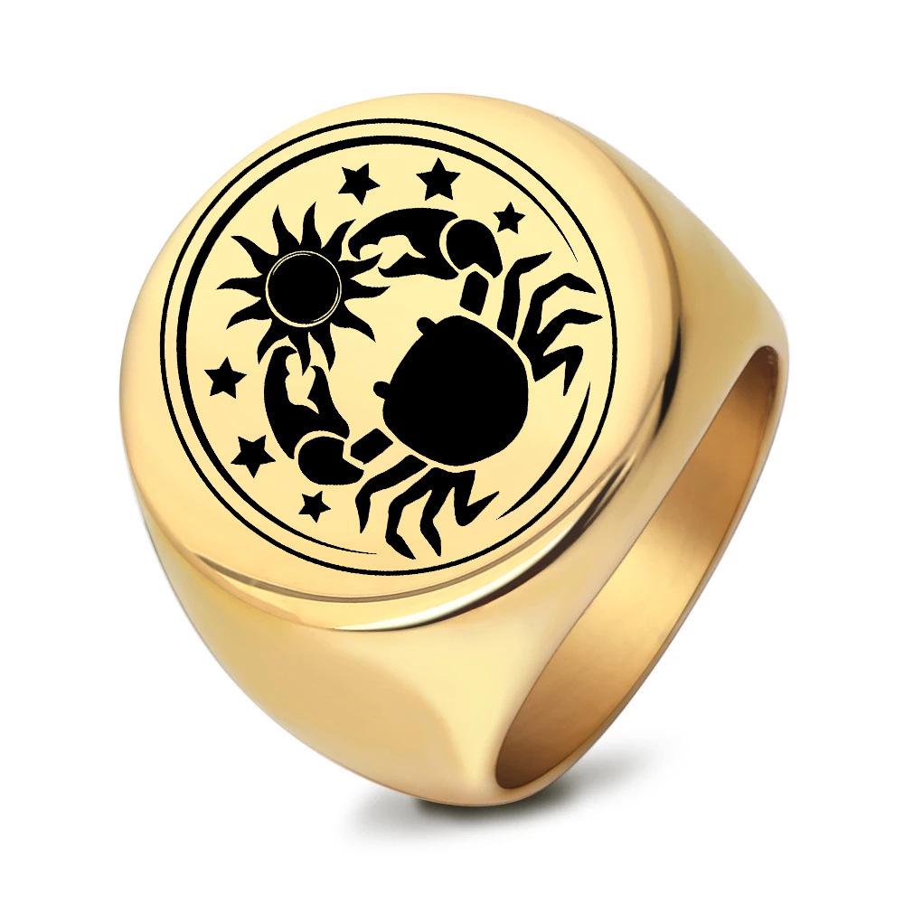European Retro Round 22MM Laser-Engraved Cancer Crab Sun Star Stainless Steel Ring