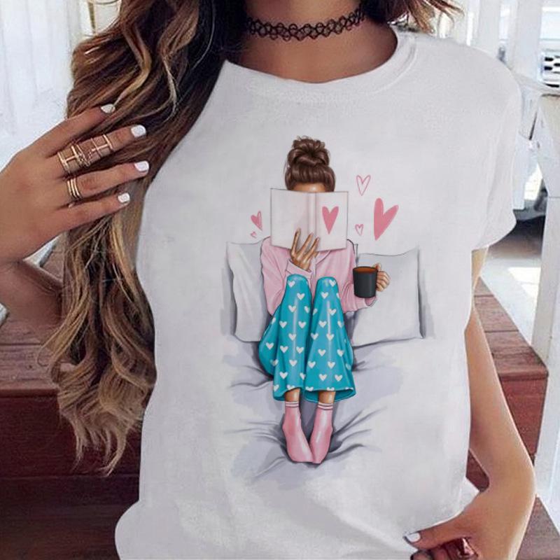 Women's Top Urban Girl Printed Casual White Cute Simple Retro Front Shoulder Pure Cotton Short Sleeved T-Shirts Women’s