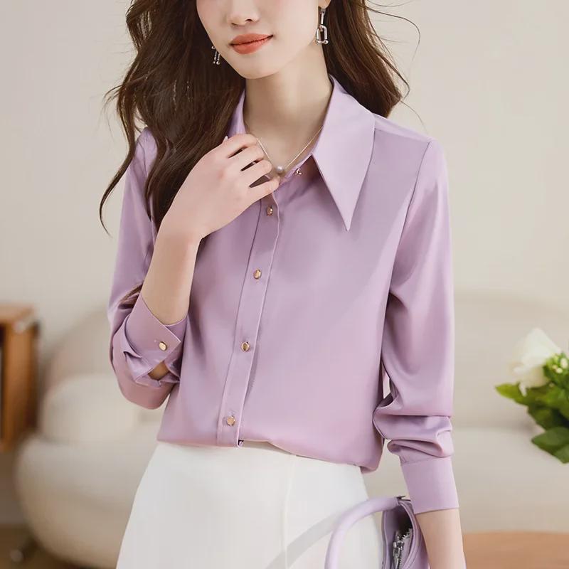 Women's Fashionable Purple Satin Long-Sleeve Shirt for Early Spring - Chic & Stylish OL Commute Wear.