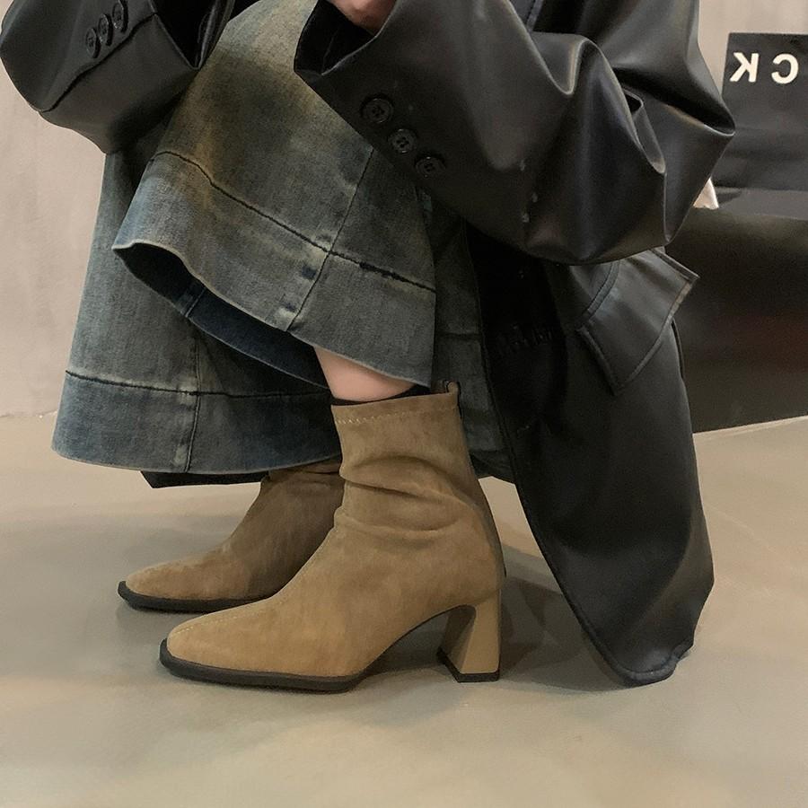 Women's high-heeled short boots 2025 new autumn and winter French retro suede thick-heeled thin boots foreign-style Korean small ankle boots