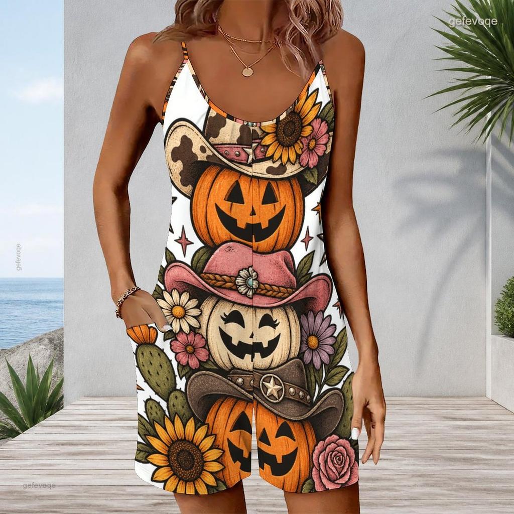 Women Plus Size Sleeveless Cami Short Romper Witch Potion Bottle Floral Celestial Print Jumpsuit With Side Pockets