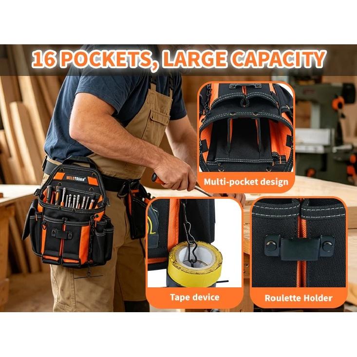 Electrician Tool Pouch Bag with Shoulder Strap,15 Pockets Tool Bag with Belt Clip,Professional Quick Release Tool Organizer
