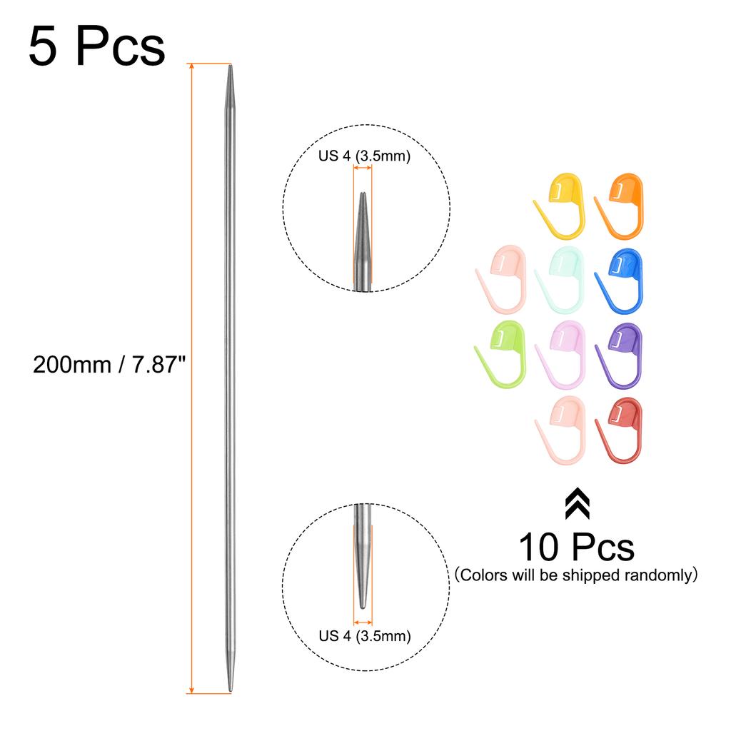 5Pcs US 3-6.5mm Double Pointed Knitting Needle 7.87 Inches Length Sweater Stitching Needles with 10 Stitch Marker