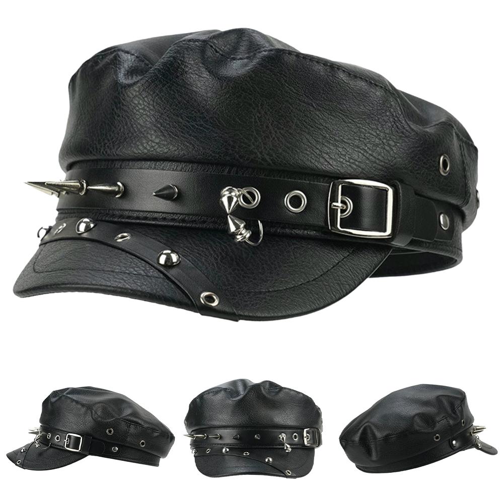 Comfortable Home Life Women's Black Fashion Pu Leather Beret Punk Style Vintage Flat Top Military Caps Vintage Rivet Beret Harajuku Y2k Gothic Cap