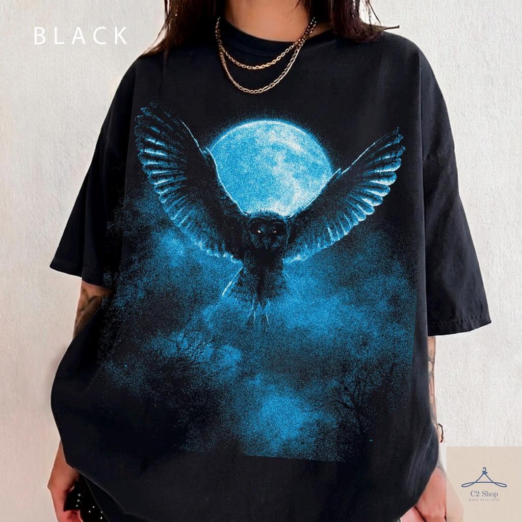 Flying Barn Owl Shirt, Wings Spread Over Full Moon, Mystical Night Bird Graphic, Comfort Colors Tee for Birdwatchers and Nature Lovers
